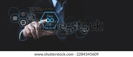 DevOps software development and IT operations, software engineer, project manager working in agile methodology, dev ops icon and javascript. Development Operations programming technology concept