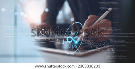 DevOps software development and IT operations, software engineer, project manager working in agile methodology, dev ops icon and javascript. Development Operations programming technology concept