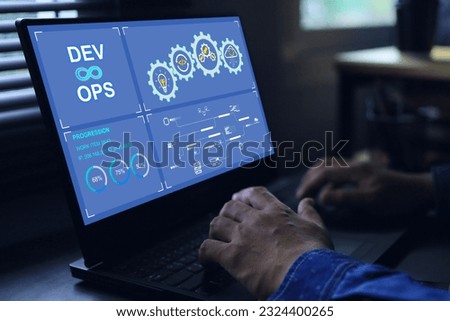 DevOps software development and IT operations, software engineer, project manager working on agile methodology, dev ops icon and javascript. Development Operations programming technology concept.