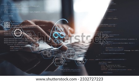DevOps software development and IT operations, software engineer, project manager working in agile methodology, dev ops icon and javascript. Development Operations programming technology concept