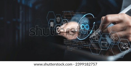 DevOps software development and IT operations, software engineer, project manager working in agile methodology, dev ops icon and javascript. Development Operations programming technology concept