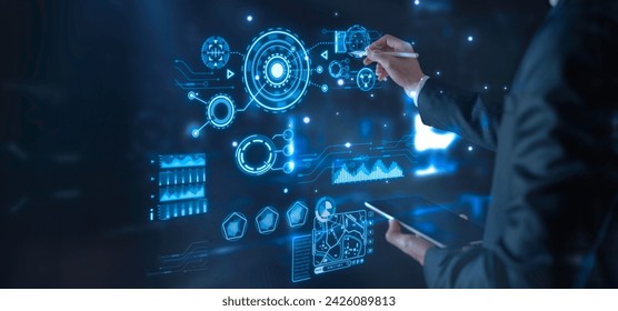 DevOps software development and IT operations programer development concept with dev and ops icon computer screen project manager operation sysadmin.working in agile methodology environment