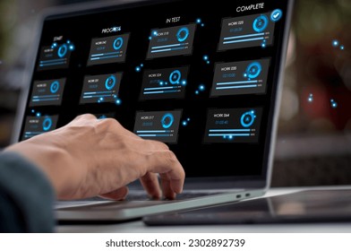 Devops team, incremental work, iterative procedures, lean project management tool. On a PC with a developer, agile software development is done using the Kanban board framework approach. - Shutterstock ID 2302892739