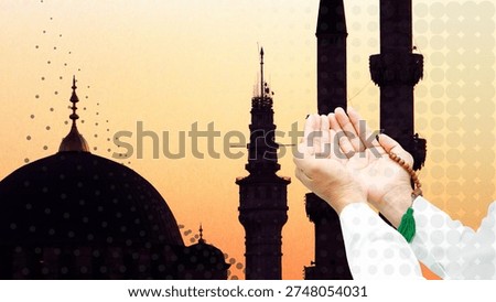 Devout hands raised in prayer, holding sacred beads against the silhouetted backdrop of a mosque at a serene sunset, symbolizing spiritual contemplation and unwavering faith