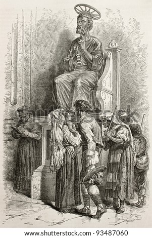 Devouts kissing Saint Peter's statue feet. Created by Neuville after Delaunay, published on Le Tour du Monde, Paris, 1867
