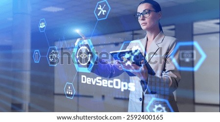 DevSecOps project development concept. Young business woman pressing button on virtual screen.