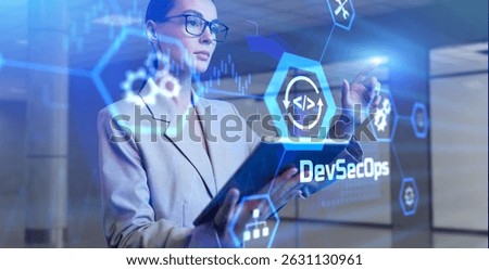 DevSecOps project development concept. Young business woman pressing button on virtual screen.