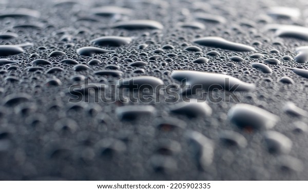 Dew\
drops on the black hood of a parked car.\
Background