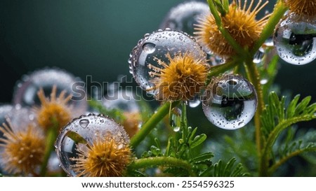 dewdrops cover tiny yellow wild flowers with fressh green branches and tiny leaves