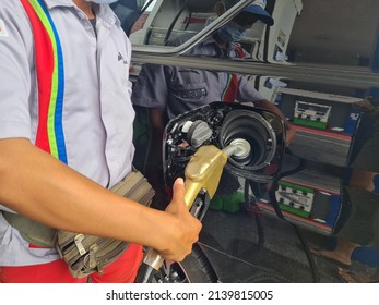 Dexlite Type Diesel Pump Nozzle At Pertamina Gas Station. A Car Fills Biodiesel Or 