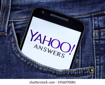 Brasília - DF, Brazil. April 15, 2021: Yahoo Answers logo on the smartphone screen. Yahoo Answers is a site created by Yahoo! of questions and answers.