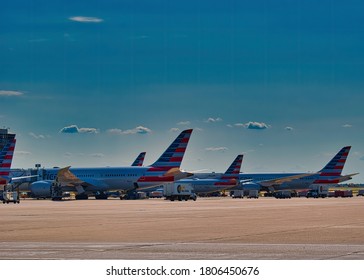 DFW Airport, Texas, 8 30 2020: American Airlines flights at dfw airport gates 