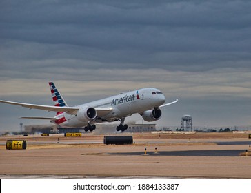 DFW Airport, Texas, December 28 2020: Boeing 737 Dreamliner taking off from DFW airport. 