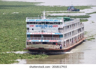 Dhaka, Bangladesh - 20th July 2021: A local Passenger ferry returning from Bhola to Dhaka river port.  Ferry is a very important means of communication with the southern part of Bangladesh