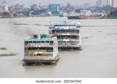 Dhaka, Bangladesh - 20th July 2021: Local Passenger ferry returning to Dhaka river port. Ferry is a very important means of communication with the southern part of Bangladesh