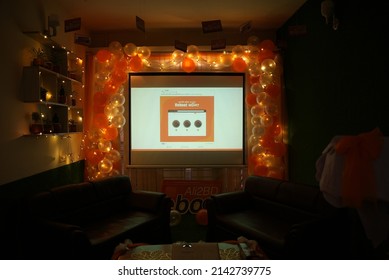 Dhaka, Bangladesh - April 05 2022: A Projector Screen Hanging In The Living Room 