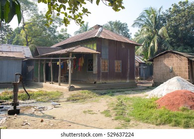 DHAKA, BANGLADESH - AUGUST 15, 2016: Tinshed village house in the rural are of Bangladesh