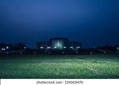 DHAKA, BANGLADESH - DECEMBER 01, 2018: The Parliament Building Sangshad Of The Republic Of Bangladesh Where The Awami League Government Is Preparing The 2018 National Elections