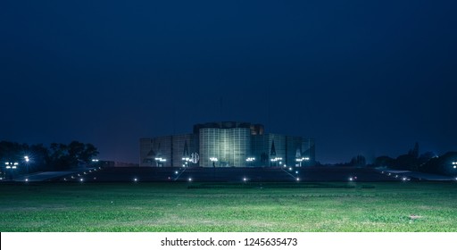 DHAKA, BANGLADESH - DECEMBER 01, 2018: Panorama Of The Parliament Building Sangshad Of The Republic Of Bangladesh Where The Awami League Government Is Preparing The 2018 National Elections