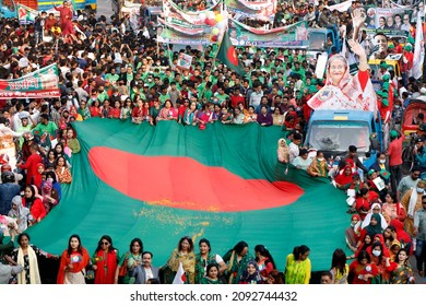 Dhaka, Bangladesh - December 18, 2021: Ruling Party Awami League Pulls Out Huge Rally From Suhrawardy Udyan In Dhaka To Mark Victory Day And Bangabandhu's Birth Centenary.