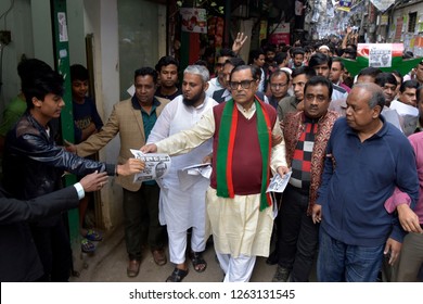 Dhaka, Bangladesh - December 20, 2018: Mohajot (Awami League) Candidate’s Rashed Khan Menon Distributing Leaflets As Part Of His Parliament Election Campaign At Dhaka-8 Constituencies At Dhaka. 