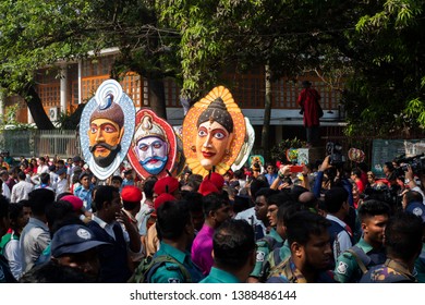 Dhaka, Bangladesh, February 14, 2019. Pohela Boishakh (Bengali new year) Shova Jatra (rally) is coming out from the Fine Arts of Dhaka University with holding colorful masks by the students.