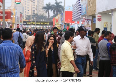 Dhaka, Bangladesh - February 14, 2020: People Visit Ekushey Book Fair At TSC, Dhaka University.