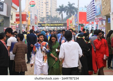 Dhaka, Bangladesh - February 14, 2020: People Visit Ekushey Book Fair At TSC, Dhaka University.