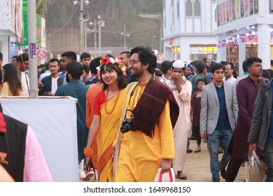 Dhaka, Bangladesh - February 14, 2020: Couple Visit Ekushey Book Fair At Dhaka, Bangladesh. Valentine's Day Photograph At Boi Mela.