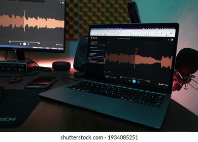 Dhaka, Bangladesh - February 28 2019: A Space Grey MacBook Laptop And Desktop Monitor On Top Of A Desk In A Studio 