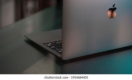 Dhaka, Bangladesh - February 28 2019: A Shot Of A Space Grey MacBook Laptop's Back With A Logo  On Top Of Table 