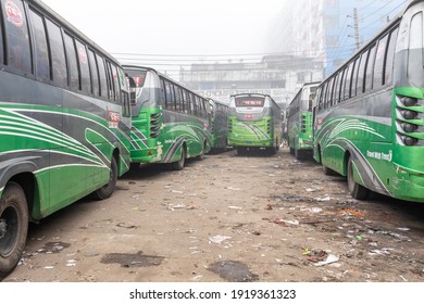 DHAKA, BANGLADESH - JANUARY 20, 2021: Travel Reportage Photography Of An Empty Bus Terminal With No People Only Busses And Tour Coaches Parked