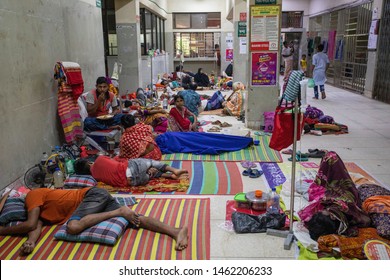 Dhaka, Bangladesh- July 26 2019: Dengue patients lying on the floor outside the Shaheed Suhrawardy Medical College Hospital's admission section. Dengue reaches epidemic proportions in Bangladesh. 