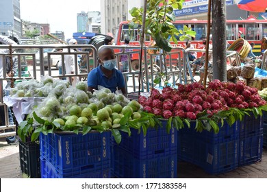 DHAKA, BANGLADESH - July 7, 2020: Fresh Fruits Open Air  Street Side Market In Motijheel Dhaka Bangladesh.