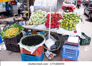 DHAKA, BANGLADESH - July 7, 2020: Fresh Fruits Open Air  Street Side Market In Motijheel Dhaka Bangladesh.