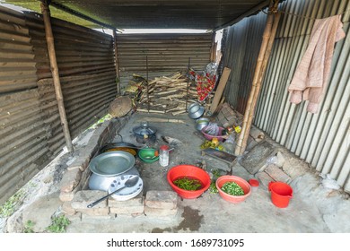 DHAKA, BANGLADESH - MARCH 30, 2020: A Primitive Local Kitchen Where The People Can Do Some Basic Cooking And Preparing Food, With A Wood Burn Oven 