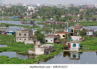 Dhaka, Bangladesh - May 02, 2018: Top view at Shampur in Dhaka, Bangladesh. Heavy rain compounded by a poor drainage system worsens water logging in the Dhaka-Narayanganj-Demra (DND) embankment area. 