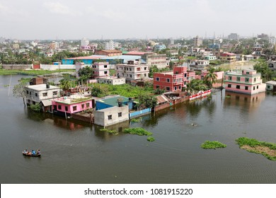 Dhaka, Bangladesh - May 02, 2018: Top view at Shampur in Dhaka, Bangladesh. Heavy rain compounded by a poor drainage system worsens water logging in the Dhaka-Narayanganj-Demra (DND) embankment area. 