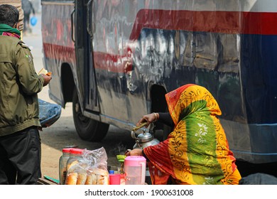 Dhaka,Bangladesh:January 23, 2021: A Woman Tea Shop Owner On The Street