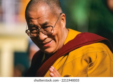 DHARAMSALA, INDIA - FEBRUARY 22 1998: Tenzin Gyatso, The 14th Dalai Lama Delivered A Public Speach And Met Some Pilgrims, On The Occasion Of His 58th Birthday