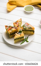 Dhokla Or Sandwich Dhokla / Indian Savory Snacks Made Of Chick Pea Flour Or Rice Flour, Selective Focus