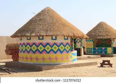 Dhordho, Gujarat/India January 5 2018 Bunga style huts made at the tent city at Dhordho during the Rann Utsav in Kutch.