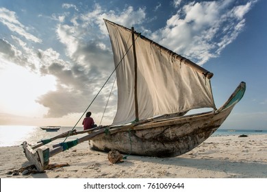 Dhow On Beach In Stone Town, Zanzibar Island,Tanzania. 