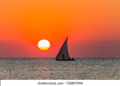 Dhow On The Indian Ocean At Sunset. 