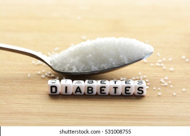 Diabetes block letters in crossword and sugar pile on a spoon  - Shutterstock ID 531008755
