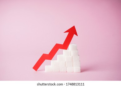 Diabetes Concept. Increase In Blood Sugar Levels, The Graph Of Growth Of The Sugar Cubes And Arrow On Top On A Pink Background, Close-up. 