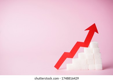 Diabetes Concept. Increase In Blood Sugar Levels, The Graph Of Growth Of The Sugar Cubes And Arrow On Top On A Pink Background With Space For Text. 