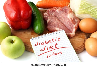 Diabetes Concept. Notepad  With Diabetic Diet And Raw Organic Food.