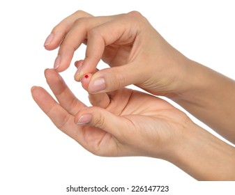 Diabetes diabetic concept finger prick for glucose sugar measuring level blood test on white background