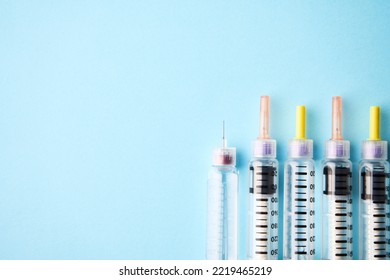 Diabetes Equipment Insulin Syringe, Injection Pen. Diabetes Disease Concept, Blue Background With Copy Space